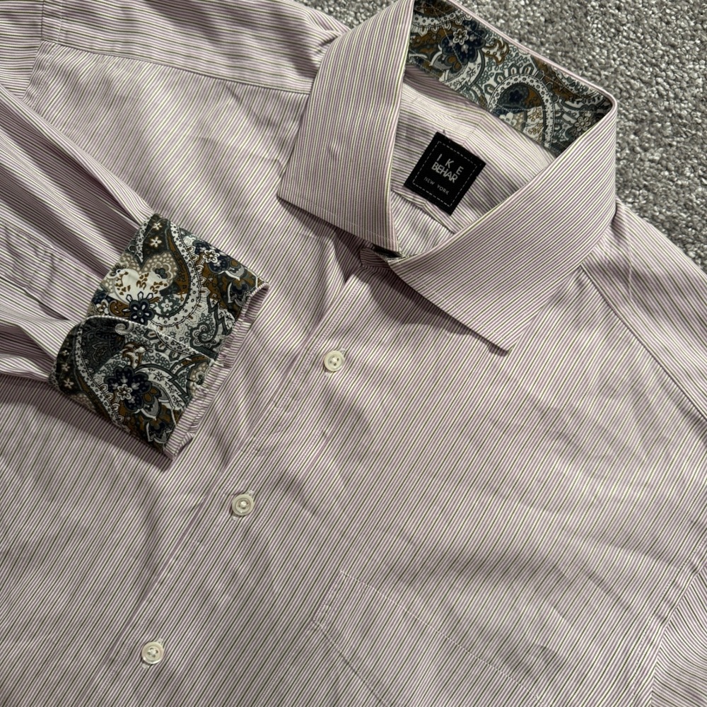 Ike Behar Dress Shirt Mens XL Purple Striped Cotton Paisley Cuff Dandy Executive